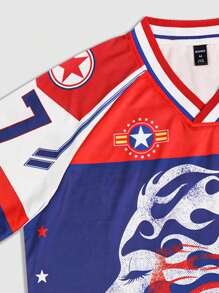 ROMWE MEN Street Life Men's Jersey Football Graphic Short Sleeve T-Shirt, Suitable For Everyday Wear In Spring/Summer