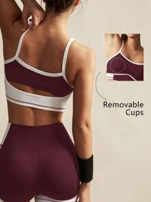 VARSIVA 黑白撞色拼接条纹镂空高腰女运动套装 - 酒紅色 - 查看 9