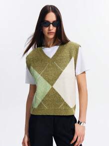 LYSMO Chaleco de punto con escote en V, casual, con patrón de diamantes estilo universitario para mujeres