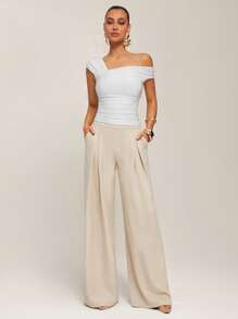 Silquee Tee-shirt mode ajusté avec plis, col asymétrique, couleur unie pour femmes