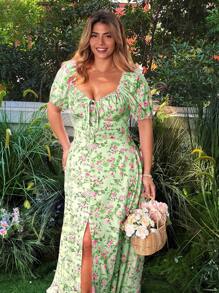 Flirla 大码女式花卉印花V领泡泡袖优雅度假连衣裙