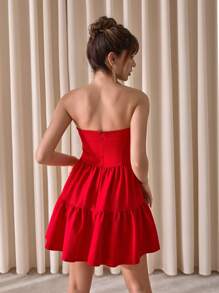 EURMUSE Off Shoulder A-Line Shaped Rhinestone Embellishment Romantic Chic Elegant Dress - Red - View 2