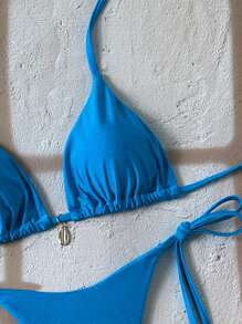Swim Chiccia Conjunto de bikini de mujer de unicolor con diseño de correa de halter sexy para primavera, vacaciones de verano y playa - Azul - Ver 5
