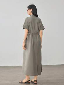 Dazy-Less Vestido sencillo y holgado de largo medio con bolsillo grande, cintura con cordón y estilo casual y elegante para mujeres como vestido de verano