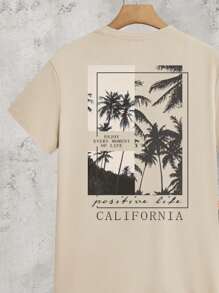 Manfinity Homme طقم تي شيرت وشورت كاجوال للرجال مع طباعة أشجار النخيل والحروف، مقاس قياسي، ملابس علوية بلون كاكي وأسفل بلون أسود، ملابس مريحة