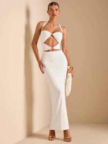 SHEIN BAE Vestido ajustado con decoración metálica con lazo en la cintura y espalda descubierta, sexy para resort