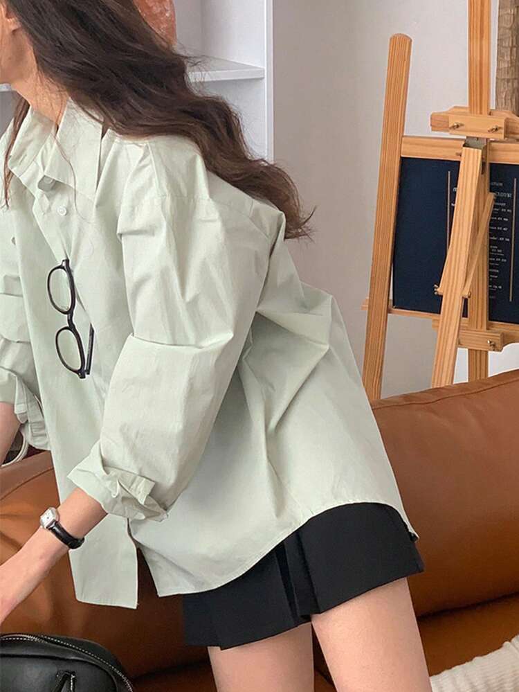 Women's Solid Color Loose Turndown Collar Backside Slit Long Sleeve Shirt, Mint Green, Spring/Summer,Fall Clothes Preppy Tops