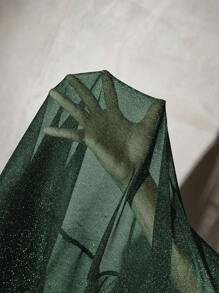 SHEIN SXY Women's Green Glitter Knitted Short Dress: Sheer Round Neck Short Sleeve Straight Hem Mini Dress For A Dazzling Night Out - Green - View 7