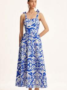 Revavyn Váy họa tiết hoa cổ chữ V thắt nơ kiểu Pháp thanh lịch, eo cao dành cho nữ, phong cách thời trang Boho, in toàn bộ cho mùa hè - Nhiều màu - Xem 3