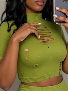 Slaydiva 2pcs Set Women Casual Vacation Knit Bodycon See-Through Sexy Outfit, Suitable For Music Festival, Easter, Graduation Season - Green - View 3