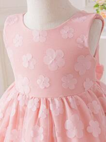 SHEIN Glamorique Kids Baby Girls Party Dress Floral Embroidery Tulle Princess Dress With Bowknot For Party, Wedding, Formal Occasions - Pink - View 5