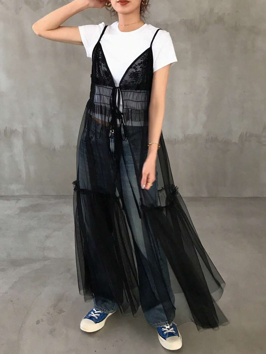 FRIFUL Đầm hai dây lưới màu trơn dành cho nữ, trang phục đi nghỉ hè, đầm thường ngày cho nữ. - màu đen - Xem 1