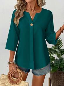SHEIN LUNE Women's Simple Solid Color Notched Neck Loose Blouse For Commuting - Dark Green - View 7