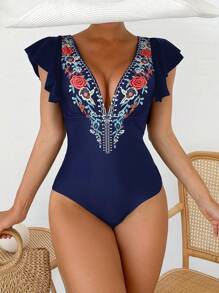 SHEIN Swim 1 件波西米亚风花卉印花女式连体泳衣，优雅休闲海滩度假泳装，春夏季 - 彩色 - 查看 4