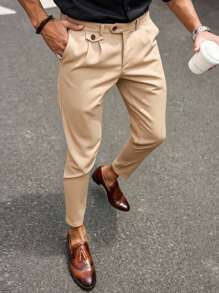 Manfinity Mode Men's Khaki Long Suit Pants With Zipper Detail And Pleated Front - Khaki - View 1
