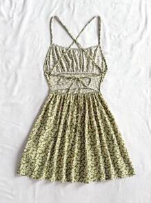 Soleia Ditsy Blumen Kreuz Schnürung Rückenfrei Spaghettiträger Mini Kleid, Sommer