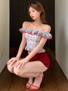 DAZY Áo kiểu nữ mùa hè gợi cảm, phối màu kẻ sọc, bèo nhún, dáng ôm, trễ vai, in họa tiết thực vật, tay ngắn, thích hợp cho kỳ nghỉ hè, kiểu áo croptop, áo trễ vai. - Màu xanh lam - Xem 1