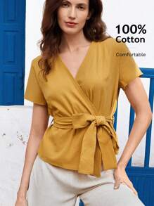 EMERY ROSE 女士休闲纯色系带裹身衬衫