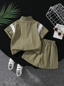 Young Boy Summer Korean Style Short Sleeve Set With Zip-Up Jacket And Matching Shorts, 2 Pieces Sportswear Outfit