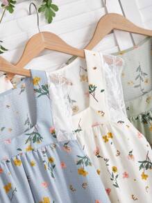 CottageSlumber 3 Pieces Set: Square Neck Contrast Lace Floral Print Nightgown Babydoll PerfectSummer