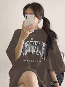 DAZY Letter Graphic Drop Shoulder Oversized Tee - Brown - View 5