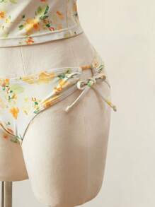 SHEIN MOD 2pcs Floral Print Swimwear Set With Shoulder Strap, Ruched Front Bottoms And Side Drawstring Tie For Summer Beach Vacation,Tank Tops, Cute, Kawaii - Multicolor - View 4