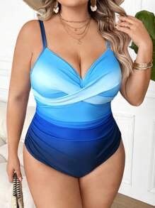SHEIN CURVE+ Plus Size Women Gradient Paneled Underwire One-Piece Swimsuit For Summer Beach Vacation - Blue - View 4