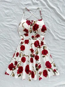 Soleia Plus Size Women Holiday Romantic Red Floral Pattern Spaghetti Strap Backless A-Line Mini Dress, Spring/Summer Fashion Sexy Sundress For Beach, Cruise, Valentine's Day, Carnival, Easter, Chinese New Year