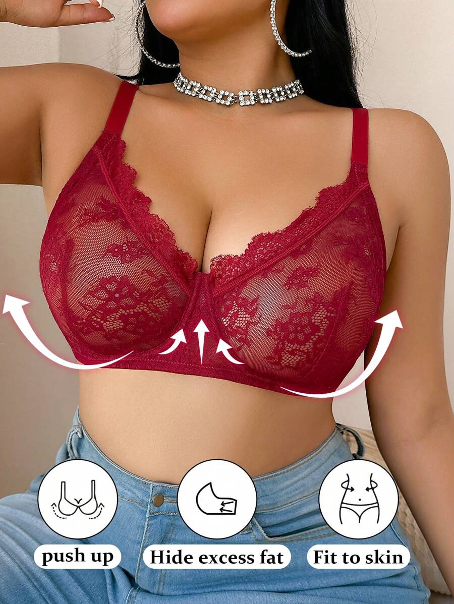Lencería de encaje con parches de talla grande para mujer - Burdeos - Ver 1