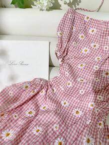 Comfortcana 女式夏季休闲格子和雏菊印花露背吊带连体衣 - 粉色 - 查看 3