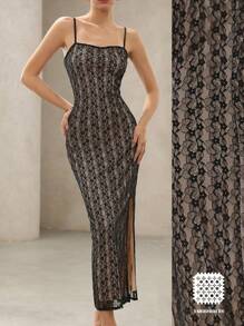 Femmeiva Elegant Sexy Fitted Lace Spaghetti Strap High Split Long Dress   Old Money Style For Summer - Black - View 2