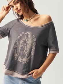 Bohemela BOHO Women's Plain Knitted Round Neck Short Sleeve Top - Apricot - View 2