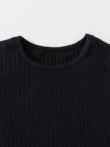 SHEIN Leap Crew 2件套少女休闲度假纯色短袖上衣和豹纹短裤套装 - 黑色 - 查看 4