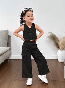 Young Girls's Casual Spring/Summer Plain Woven Sleeveless Vest And Pants Set - Black - View 6