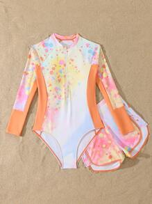 SHEIN 青少年女孩连体扎染印花拉链长袖泳衣（含独立短裤）泳装套装