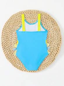 SHEIN Baby Girl Animal Print Mesh Patchwork Round Neck One-Piece Swimsuit - Blue - View 2