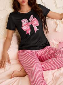 SweetSlumber Conjunto de pijama con top de manga corta de cuello redondo con acento de lazo y pantalones a rayas para mujer