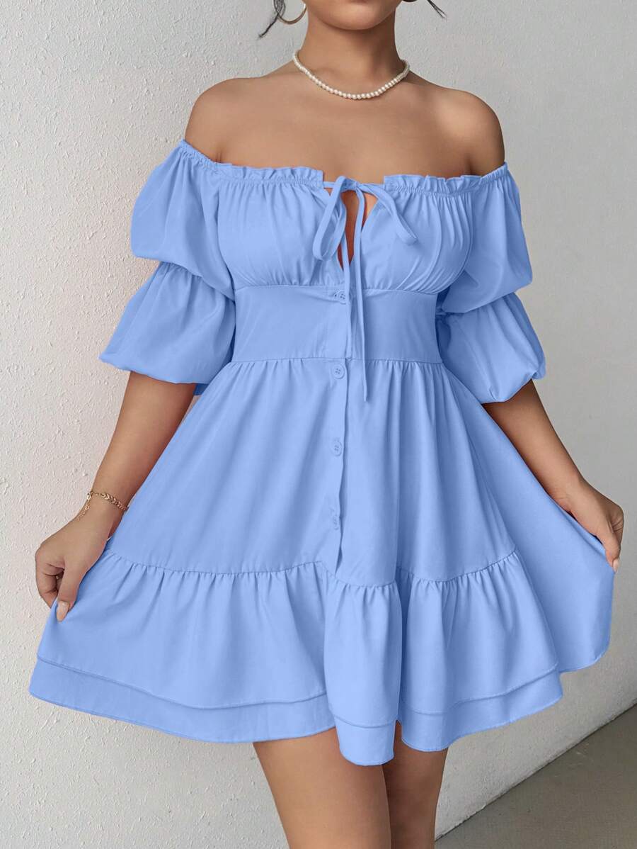 Rafferiza Women's Off-Shoulder Ruffle Tie Buttoned Flounce Hem Chic Dress Mini Short Women Outfit - Blue - View 1