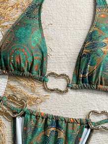 Soleia Women's Colorful Vintage Print Metal Decor Tie-Up Bikini Set, Resort Style