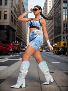 Innovista Women Activewear 2in1 Sets, Foil Print Sports Bra & Leggings Shorts, Faux Leather & Metallic Shine Gym Top & Bottoms, 2pieces Workout Outfits, Hollow Out Animal Breathable Mesh Cut Out & Elastic For Fitness, Shapewear, Sculpting Pants, Snake Leopard Print, Edgy &Unique Sleek & Lux Tracksuit,Music Festival, Party, Dance,Electric, Yoga,Mat,Pilates,Running,Cardio,Going Out,Athleisure,Outdoor,Hike,Trekking,Trail,Strength,Weights, Blue,Y2K,Autumn Fall Gear,Bikini,Bathing Suitfall Outfits For Women Cool Light Blue Allover Print, Cycling Shorts, Utilitarian Chic - Multicolor - View 5