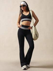 VARSITIE 女士条纹喇叭紧身裤，休闲健身运动紧身裤 - 黑色 - 查看 2