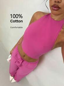 Glamine 2pcs/Set Women Summer Cotton Solid Color Halter Backless Strap Camisole & Casual Pants Outfit, Suitable For Outing, Vacation, Beach, Holiday Attire - Hot Pink - View 2