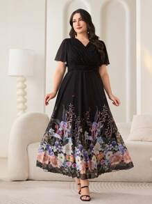 Modelyn Plus Size Women Floral Print Ruffle Sleeve Elegant Vacation Dress - Black - View 2