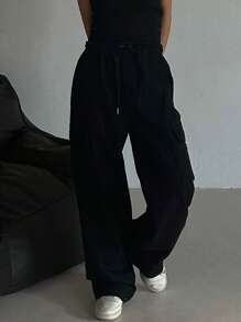 DAZY Pantalones sueltos, casuales y simples con bolsillo y nudo delantero de unicolor para mujer, para otoño - Negro - Ver 5