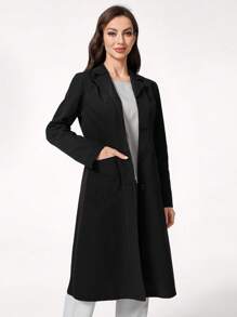 TaskEZ Women's Solid Lapel Neck Long Sleeve Double Pocket Lab Coat - Black - View 3