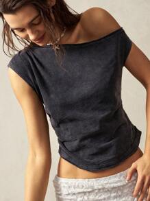 Bohemela Boho Summer Casual Music Festival Solid Color Knit Asymmetrical Shoulder Fitted Distressed Women T-Shirt - Black - View 4