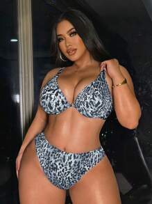 Swim SXY Plus Size Leopard Print Vacation Beach Swimsuit Set - Black and White - View 1
