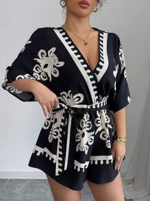 Breezaya 女式复古印花 V 领收腰蝙蝠袖连体裤 - 黑色 - 查看 4