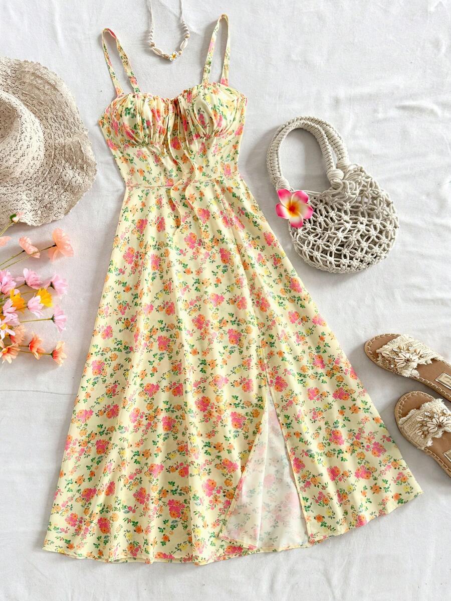 Soleia Váy xẻ cao eo họa tiết hoa cami cho nữ, phong cách nghỉ dưỡng cho mùa hè - Màu vàng - Xem 1