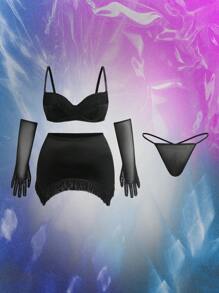 SHEIN 5قطع/طقم ملابس داخلية سيكة بتصميم تنورة مذنبة, مناسبة لمهرجانات الموسيقي - الأسود - مشاهدة 1